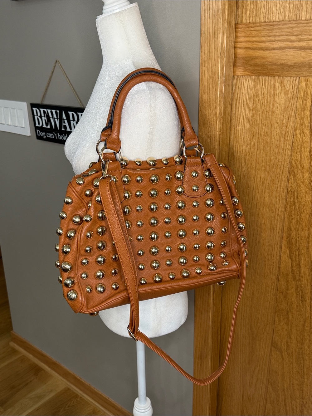 Studded Faux-Leather Satchel Handbag in Cognac Brown